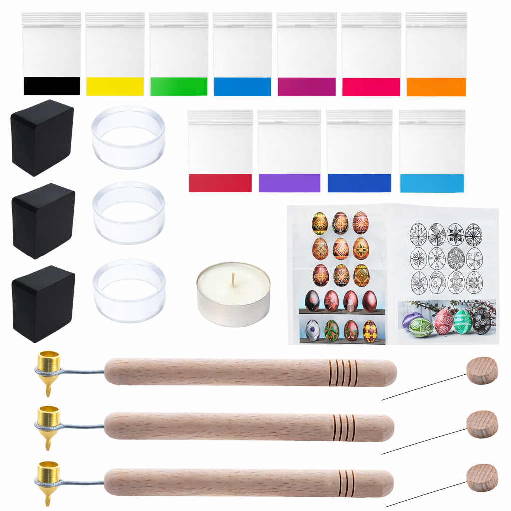 3 Kistka Pens, 10 Dyes, 3 Beeswax, 3 Stands, 3 Wires, Candle, Instructions Pysanky Ukrainian Easter Egg Decorating Kit 24 Pcs Craft DIY Set