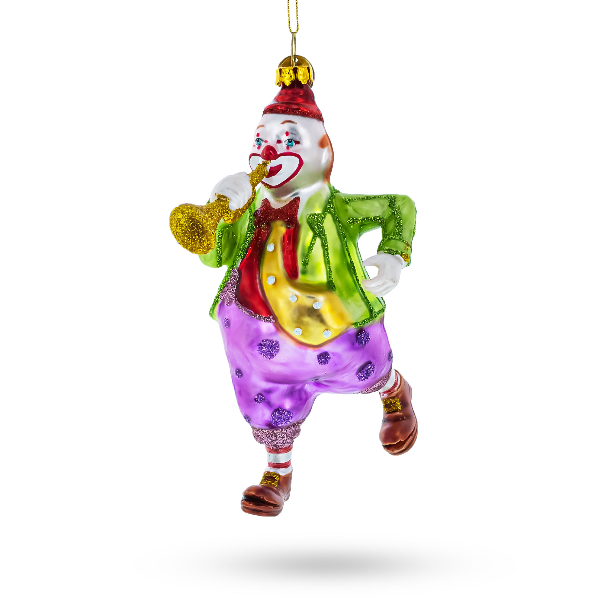Jovial Clown Performing on Trumpet Glass Christmas Ornament