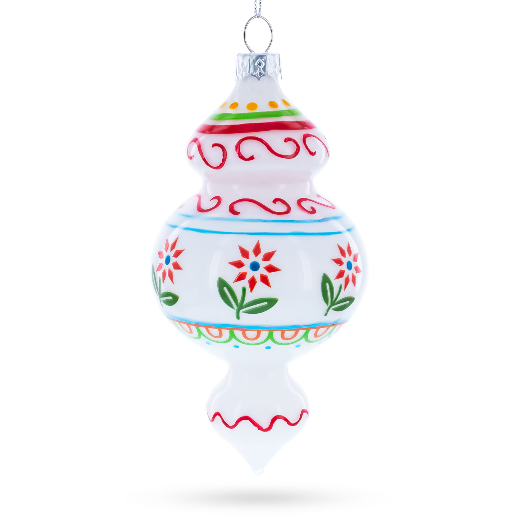 Red Flowers and Swirls Glass Christmas Ornament