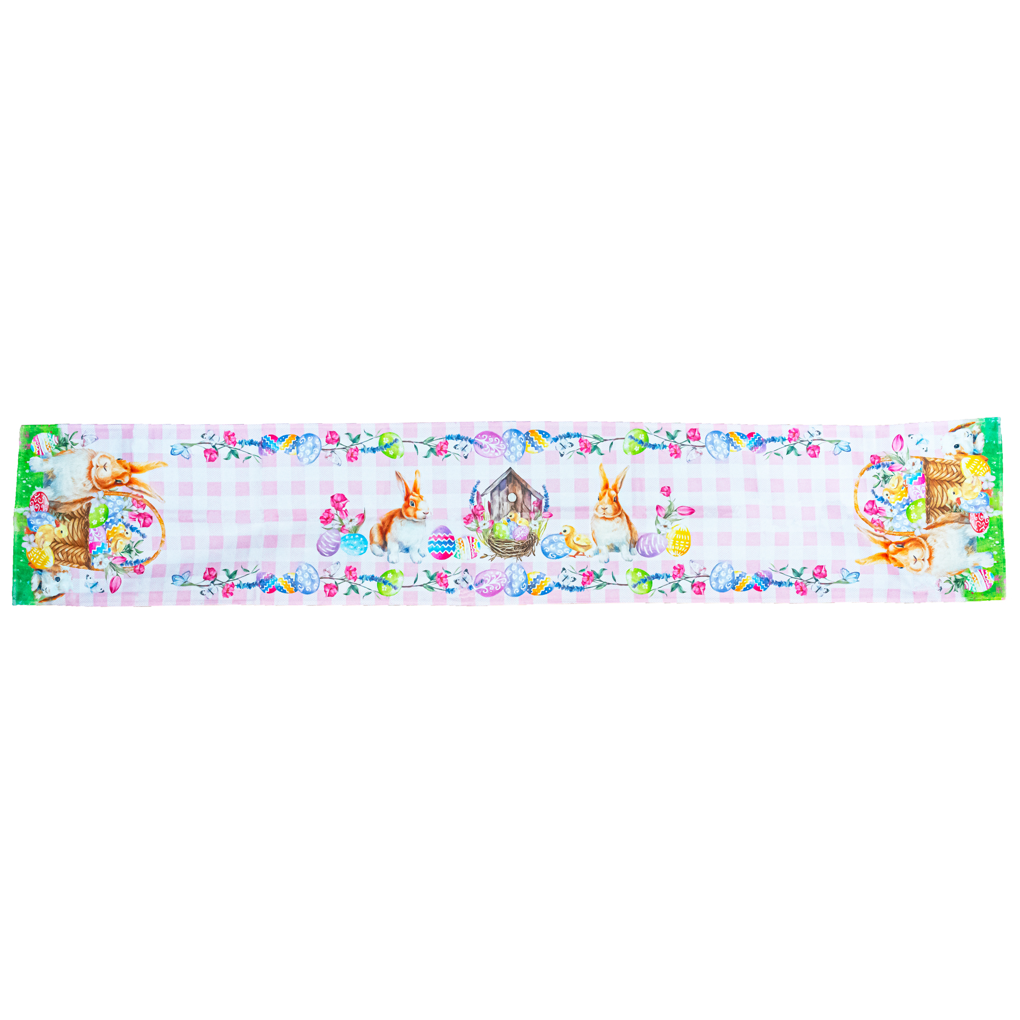 Fabric Easter Table Runner Featuring Playful Bunnies and Pastel Eggs 73 Inches Long