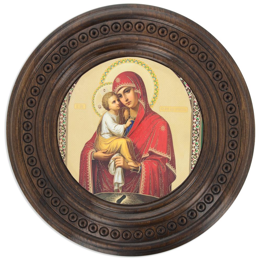 Hand Carved in Ukraine Round Wooden Virgin Mary and Jesus Icon Wall Plaque 10 Inches