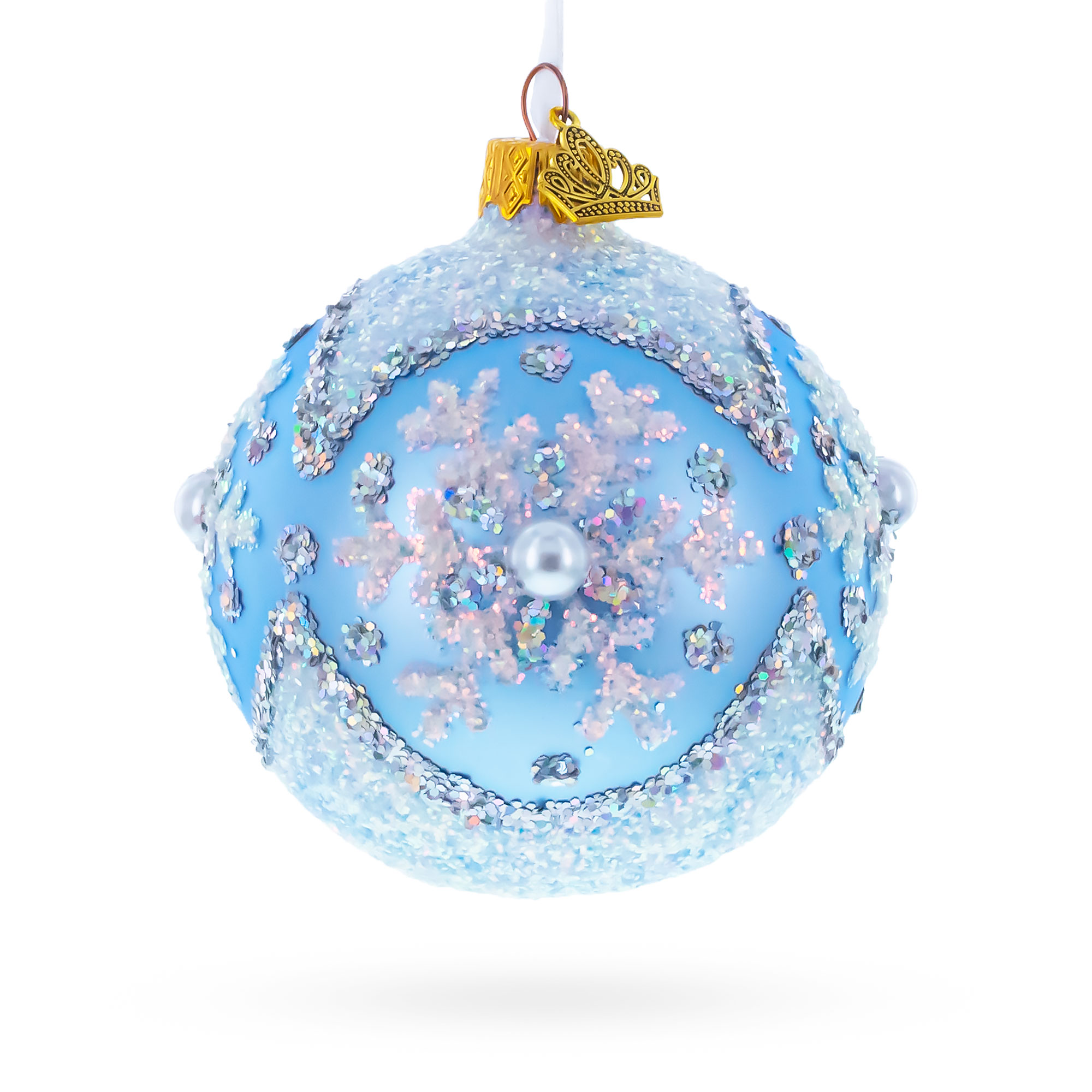 Sparkling Blue Snowflake and Pearl Glass Ball Ornament 3.25 Inches