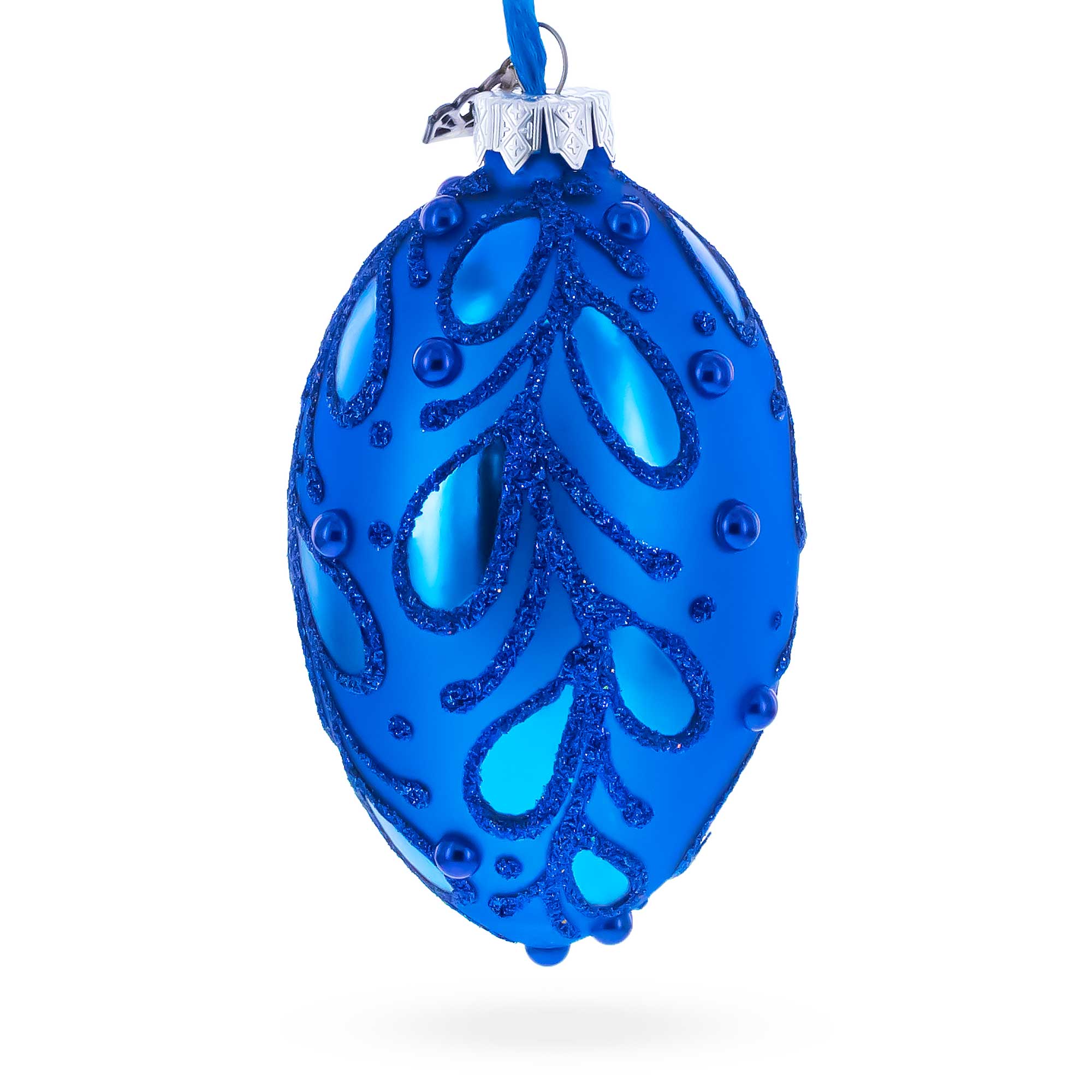 Bejeweled Scroll on Blue Glass Egg Christmas Ornament 4 Inches