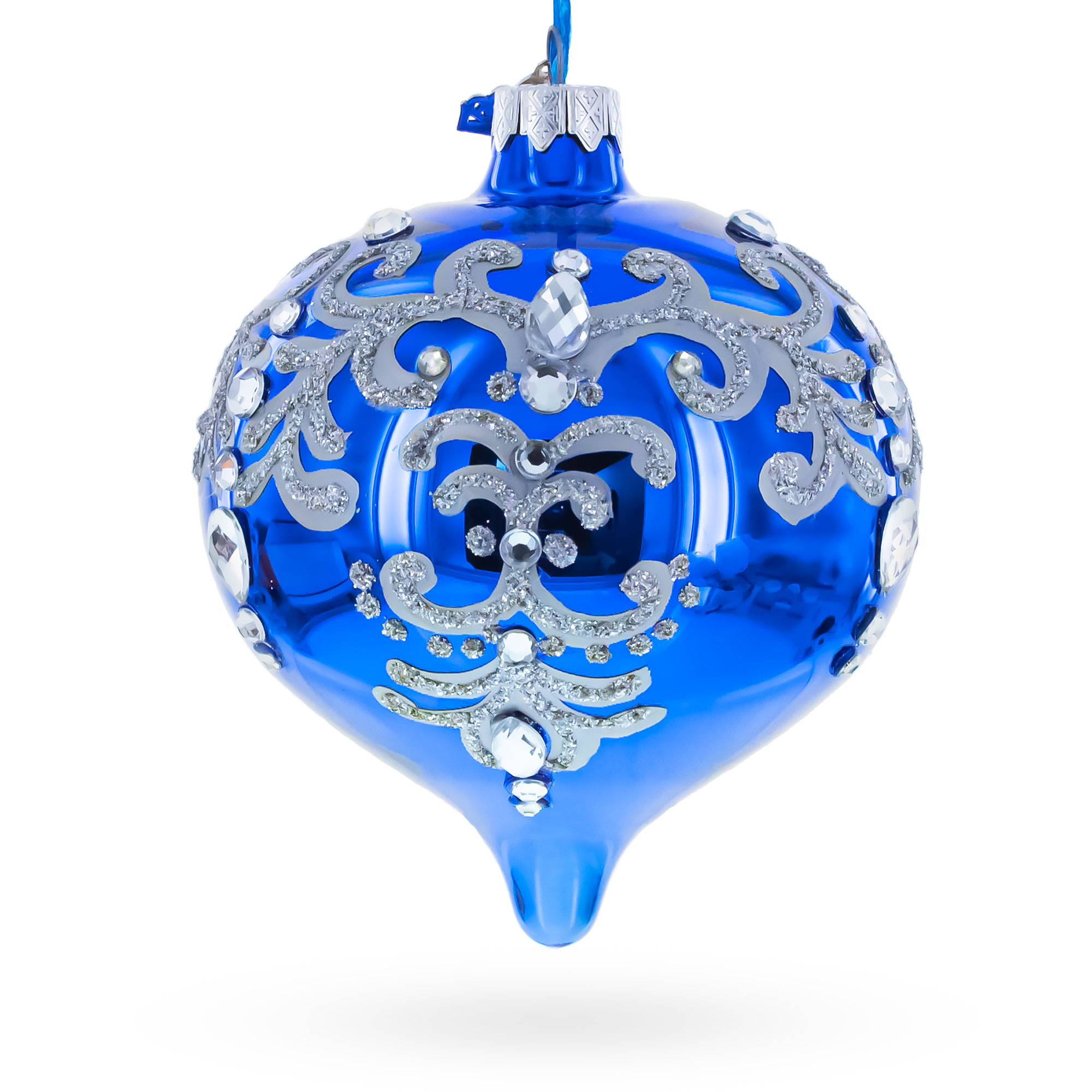 Blue Jeweled Silver Scroll Onion-Shape Finial Glass Christmas Ornament