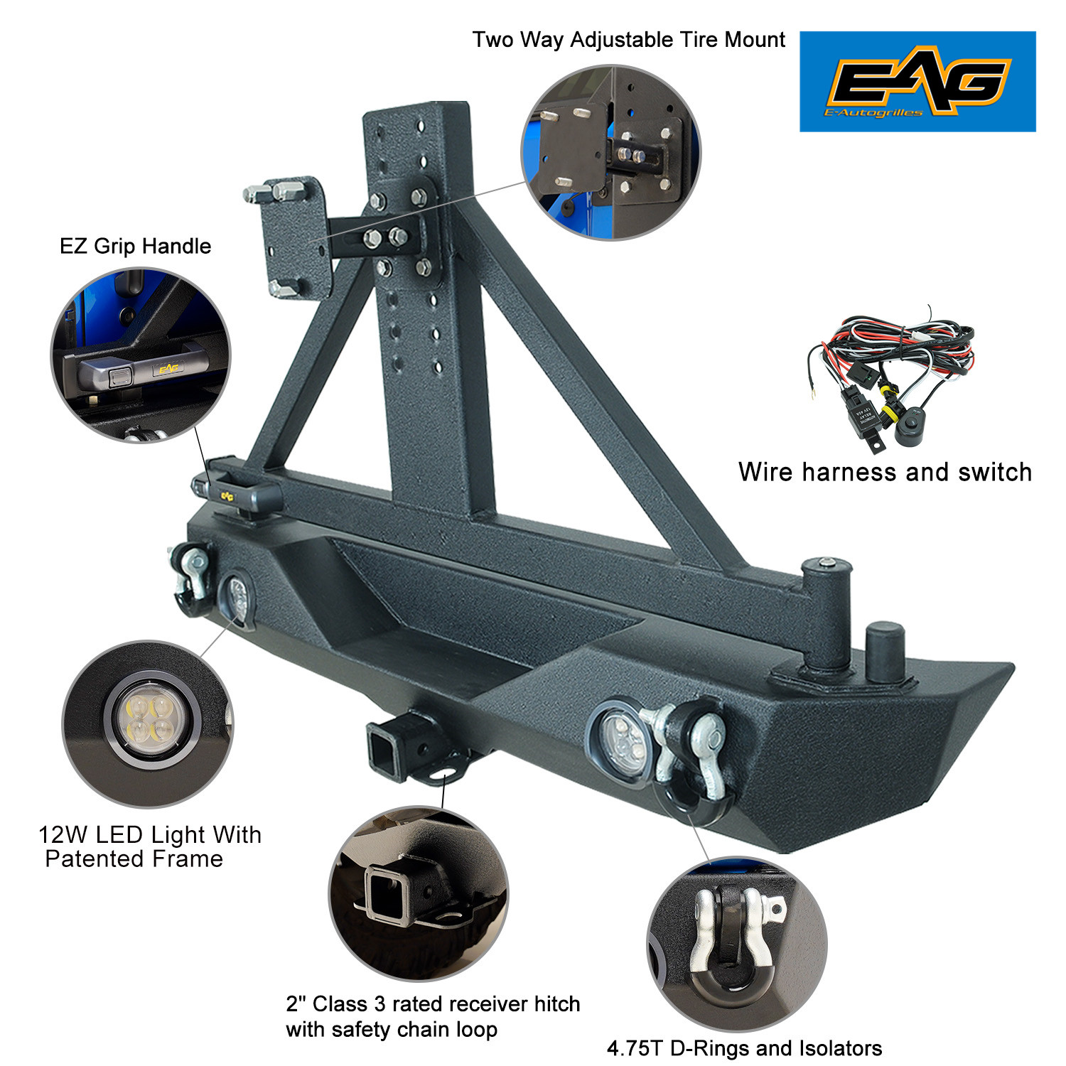 EAG LED Light Rear Bumper W/ Secure Lock Tire Carrier Fit for 0718