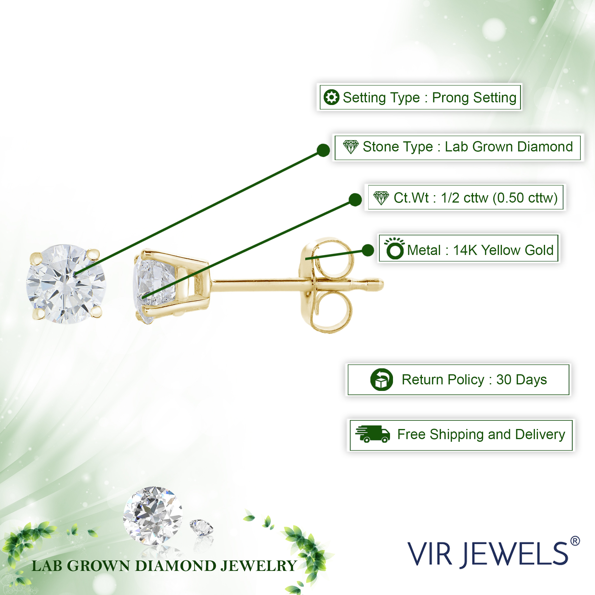 Lab Created Diamond Stud Earrings 14K White or Yellow Gold Round VS1 Clarity 4 - Picture 11 of 12