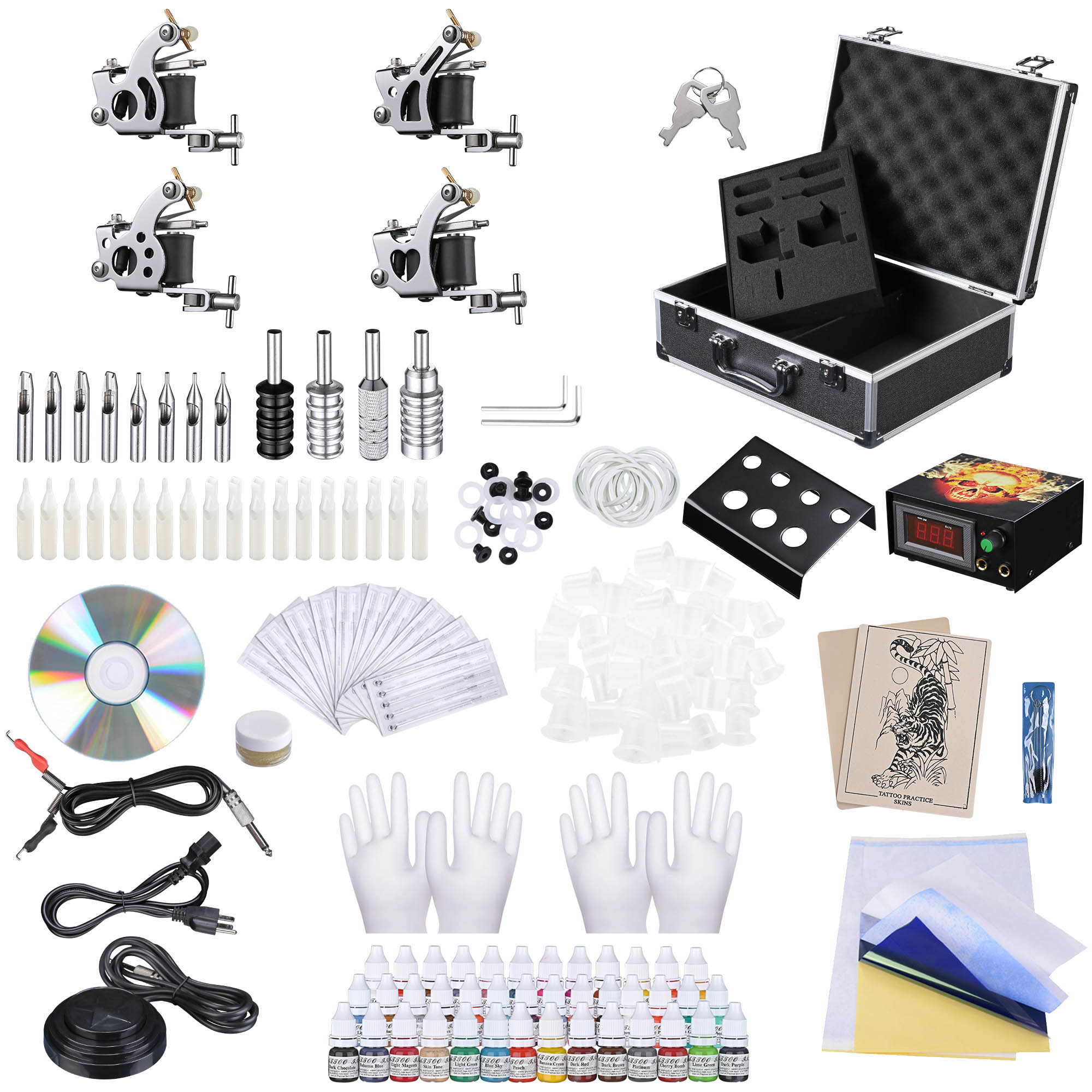 Complete Tattoo Kit 4 Machine Gun 40 54 Color Ink Power Supply Needle Grip Case - Picture 7 of 16
