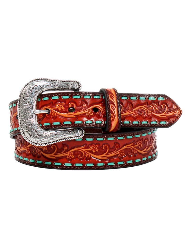 NEW ARIAT women\'s tooled leather belt in red Ariat Womens Red Floral Tooled Calf Hair Underlay Leather  main image 2