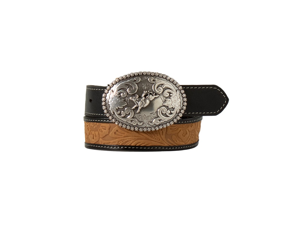 Nocona Boy's Black Tan Floral Embossed Western Belt