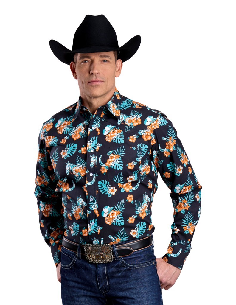 hawaiian dress shirt long sleeve Paul Jays - Mens - Hawaiian Floral - Black - Long Sleeve Lounge Shirt