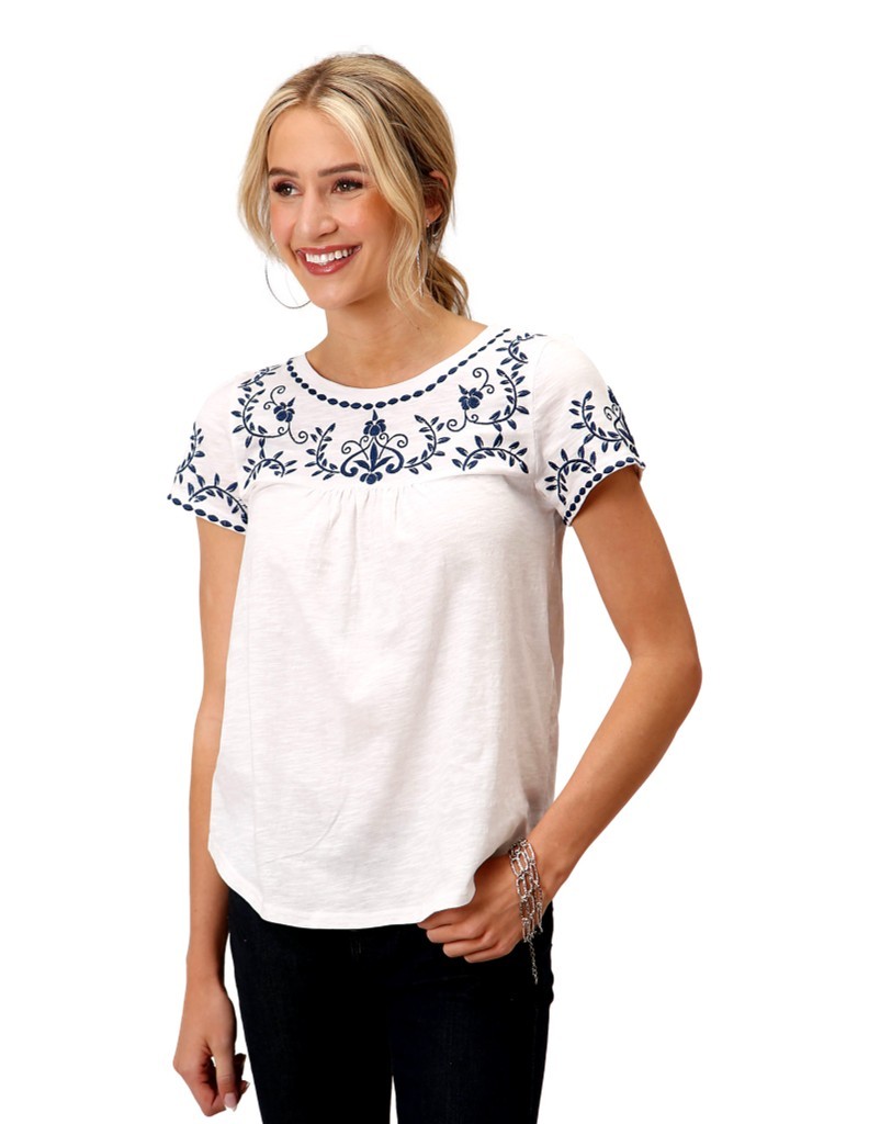 Roper Womens Short Sleeve Knit White Cotton Slub Jersey Peasant Top, image size:792x1024