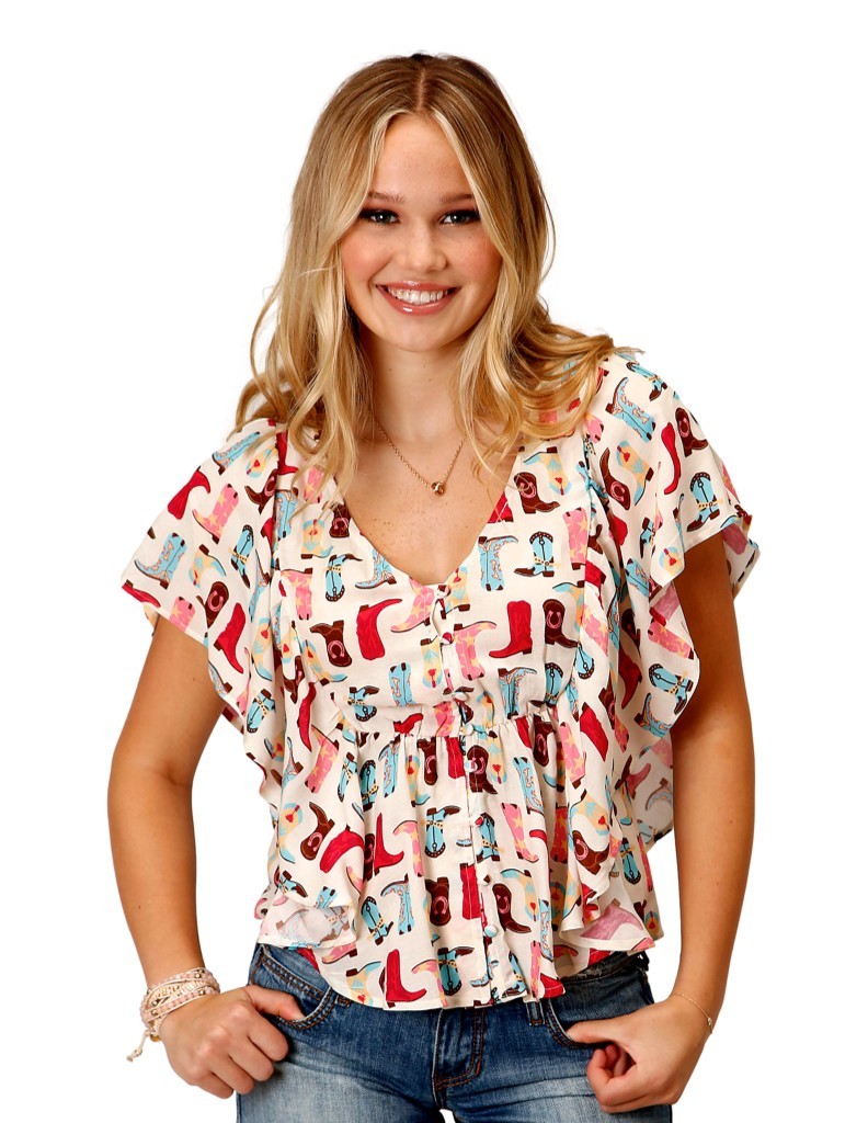 Roper Womens Short Sleeve Boot Print Rayon Prairie Style Blouse - S, image size:792x1024