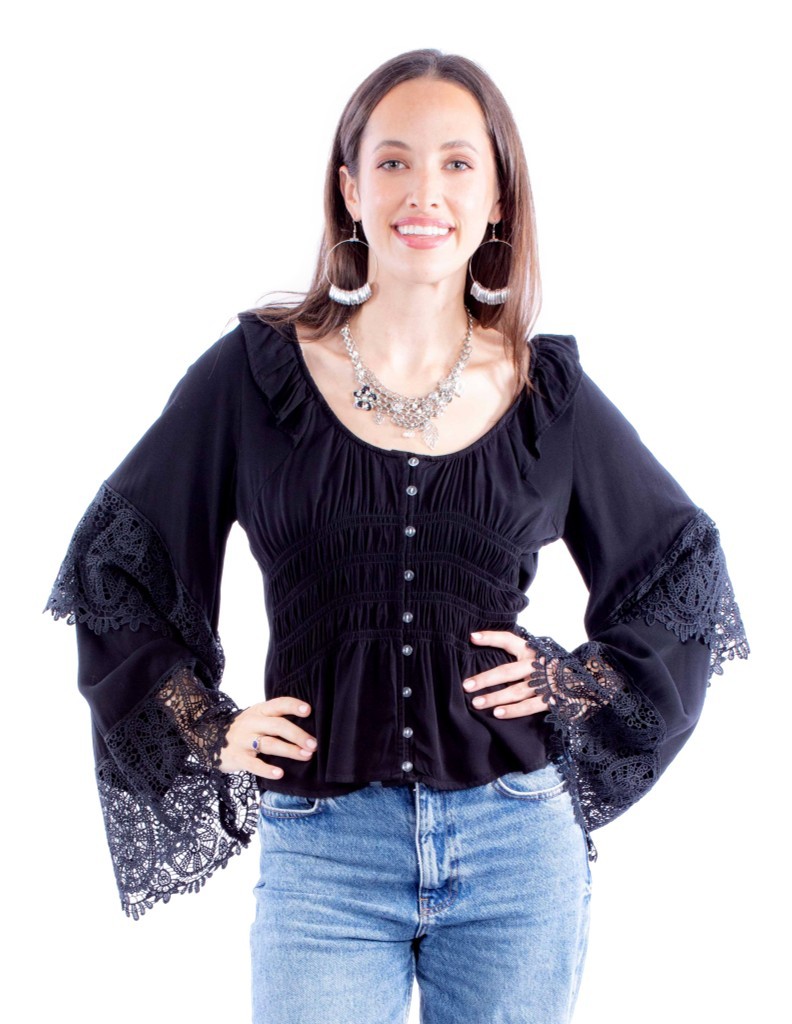 Scully Western Shirt Womens L/S Crochet Bell Sleeve F0_HC860 - Picture 3 of 6