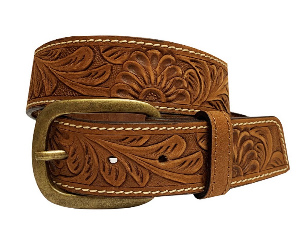 Cutout Floral Brown Leather Belt with Gold Buckle Vintage Nicely Aged Genuine Brown Leather Belt With  main image 2