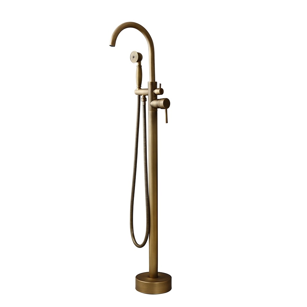 Antique Brass 1 Lever Swivel Spout Floor Mount Bathtub