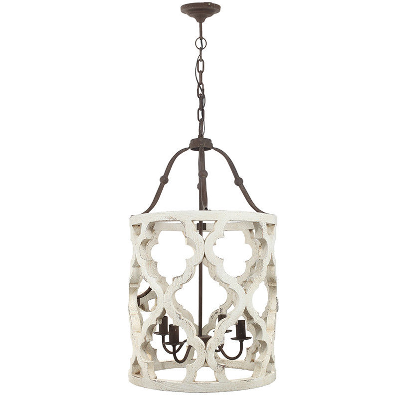 Jiuzhuo Vintage Distressed White Carved Wood 4-Light Lantern Farmhouse Chandelier Lighting Hanging Ceiling Fixture in Rust