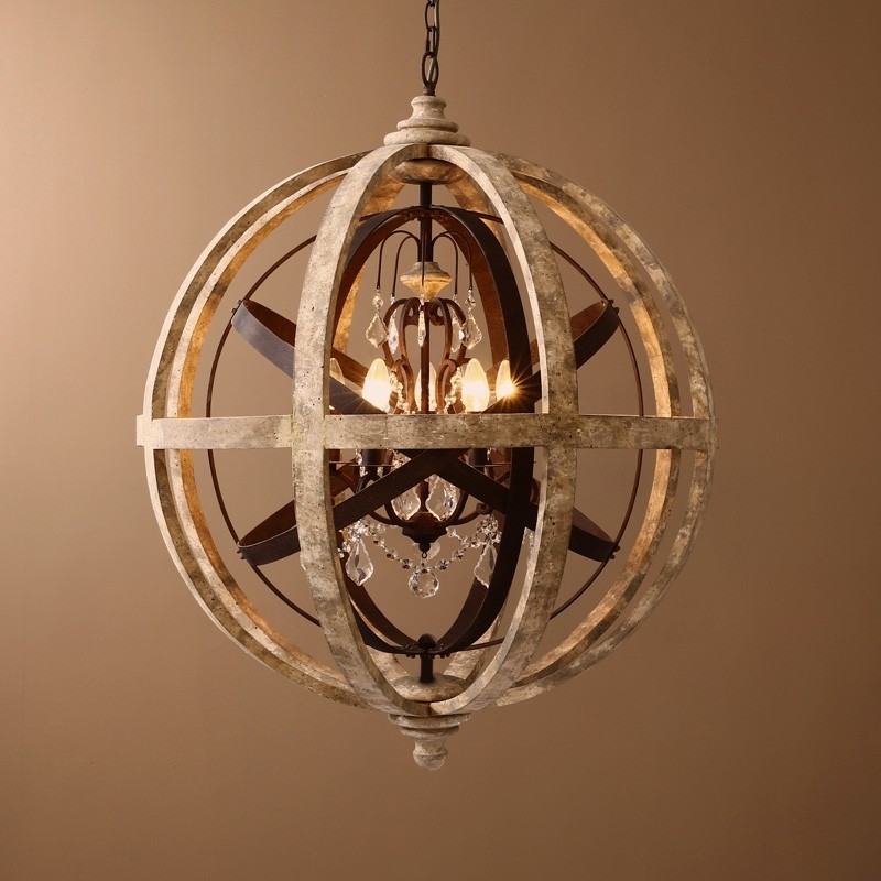 Rustic Weathered Wooden Globe Chandelier Metal Orb Crystal 5 Light Pendant Lamp