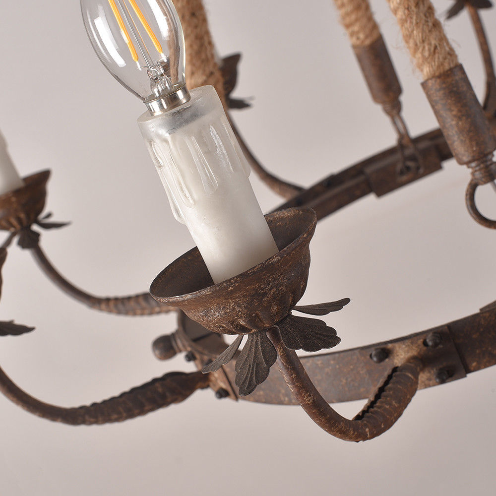 Rustic Iron Flaxen Hemp Rope & Metal 8Light Round Candelabra