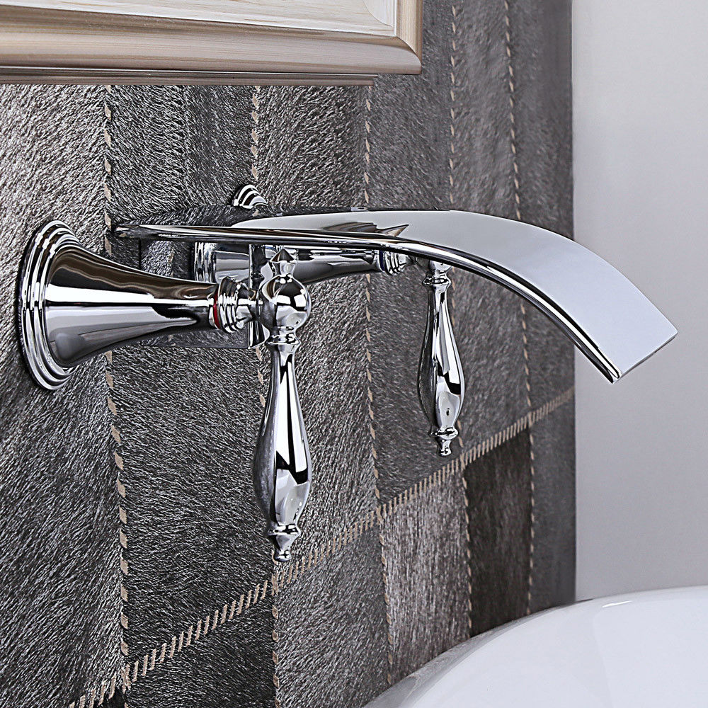 Homary Waterfall Wall Mounted Bath Sink Filler Faucet Double Lever