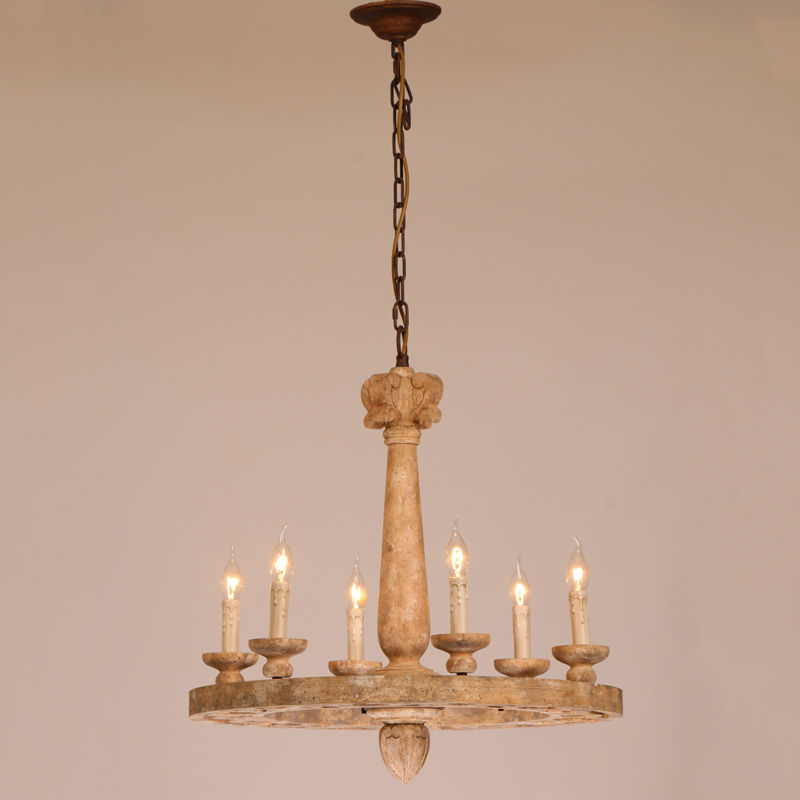 Vintage Cottage Sculpted Wooden 6 Candle Shaped Light Chandelier Antique Ceiling