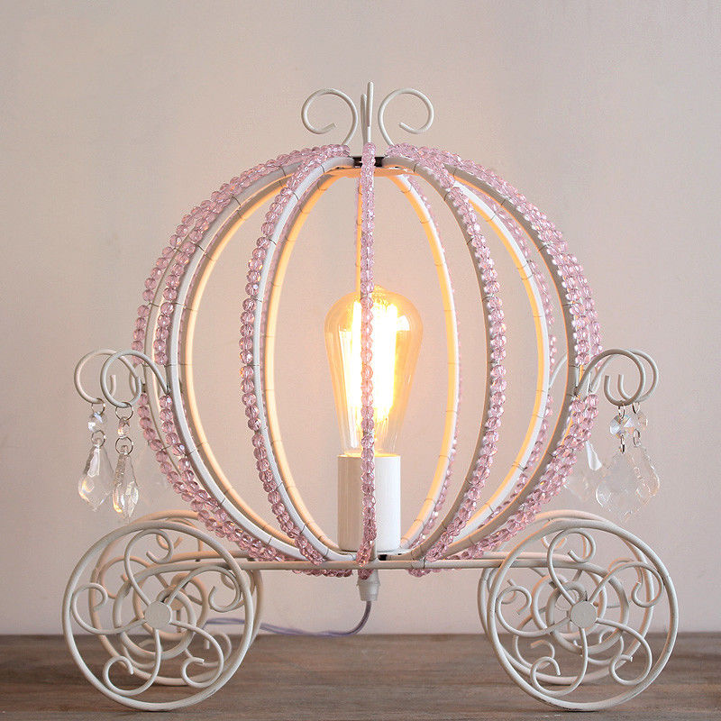 White Metal Beaded Carriage Table Lamp Girl's Room Bedside Desk Night
