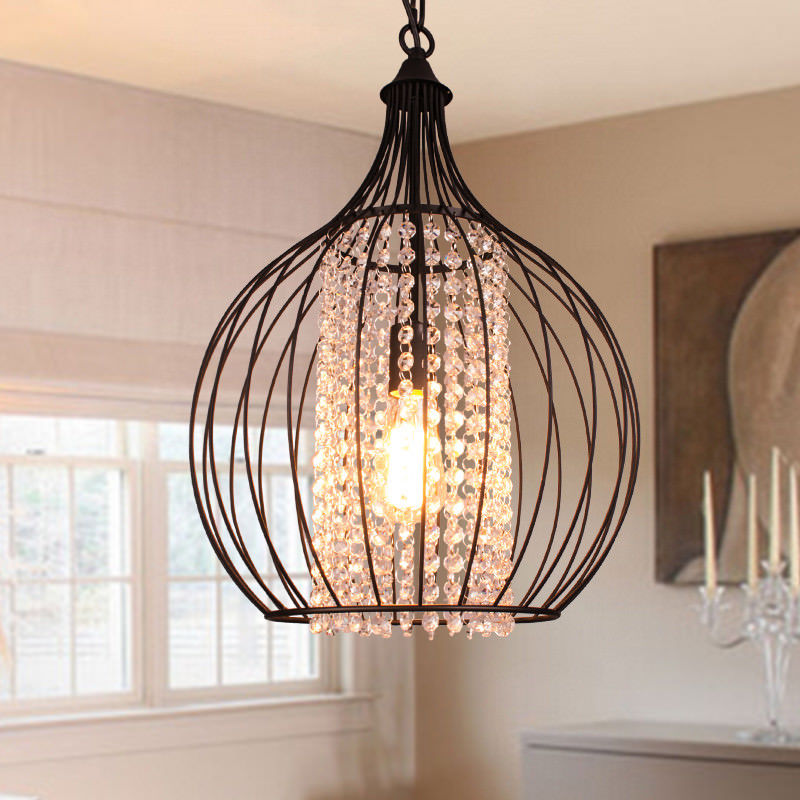 Vintage Metal Bird Cage Crystal Foyer Pendant Light Kitchen Ceiling