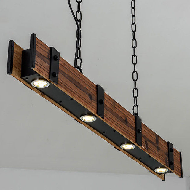Contemporary 4 Light Led Linear Wood Pendant Light Hanging Metal