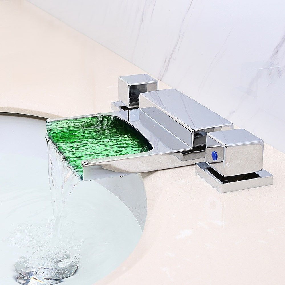 Widespread 3 Hole Waterfall Bathroom Faucet With Led Light