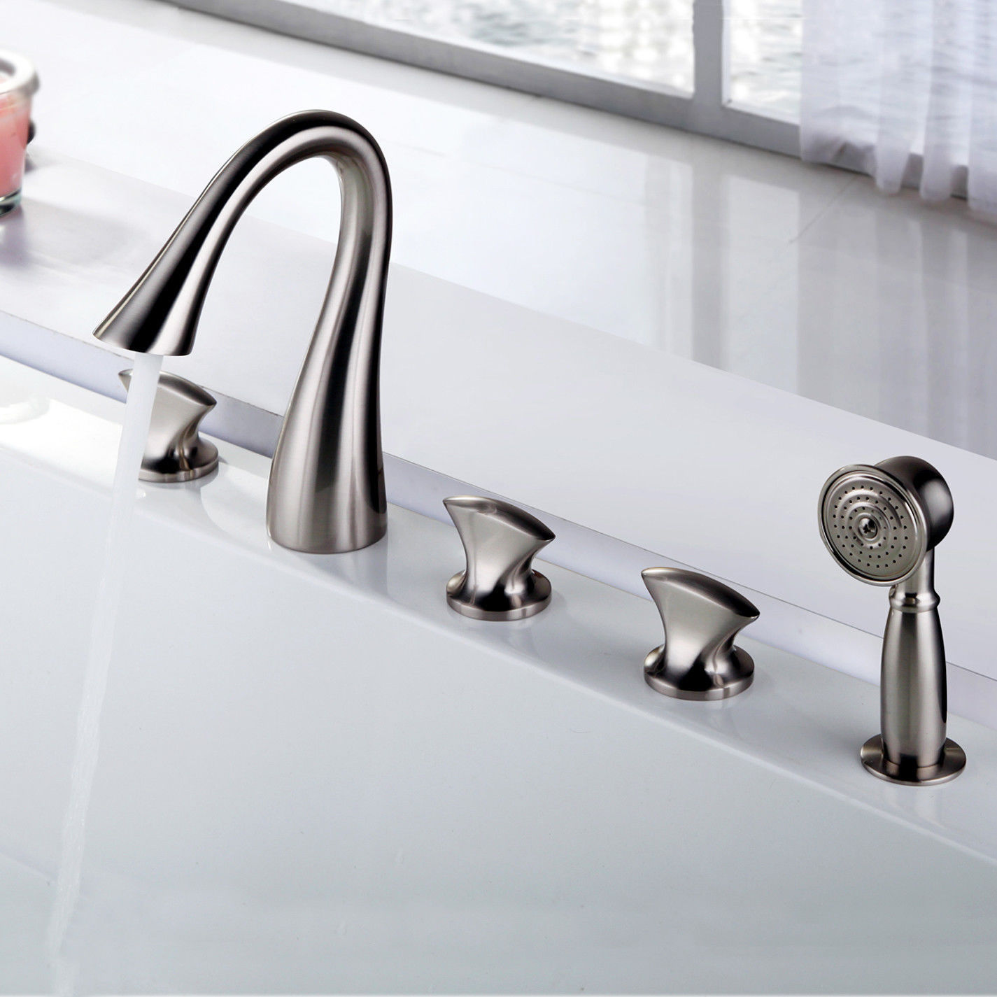 Deck Mount 5 Hole Triple Handle Roman Tub Handshower Mixer Bath