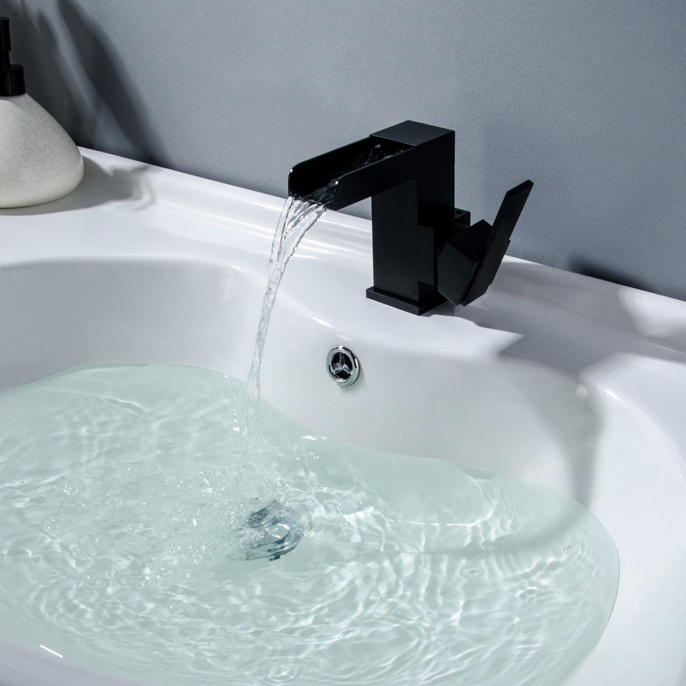 One Hole Solid Black Waterfall Bathroom Washing Sink Faucet With