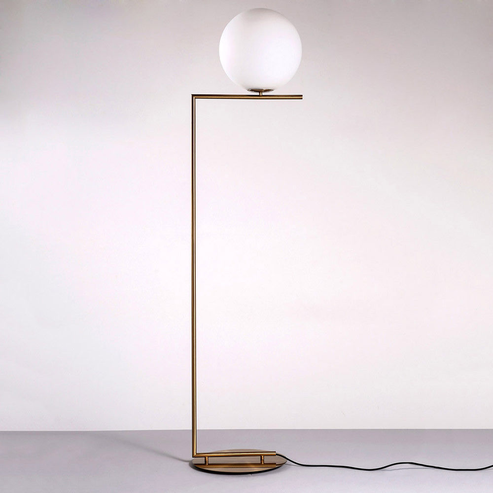 Modern White Glass Globe Shade 1 Light Brass Linear LED Floor Lamp