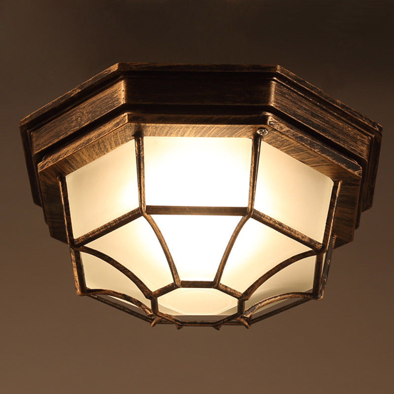 Retro Antique Brass Octagon Iron Flush Mount Ceiling Light