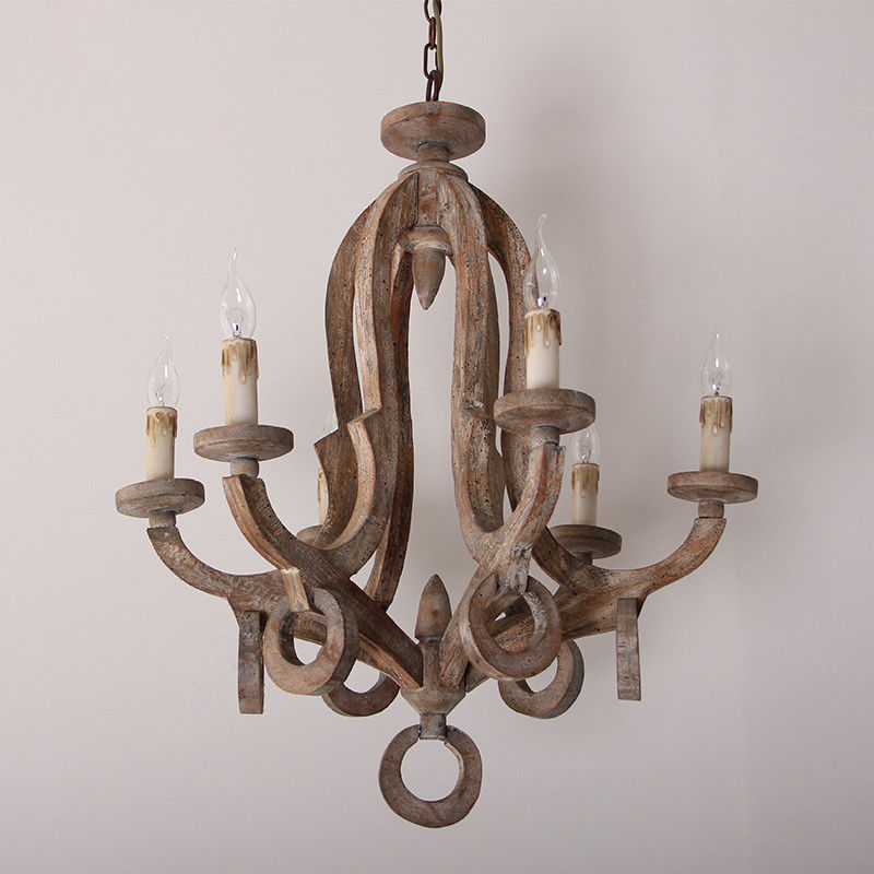 Industrial Loft Sculpted Wooden Candelabra Chandelier 6 Arm Ceiling