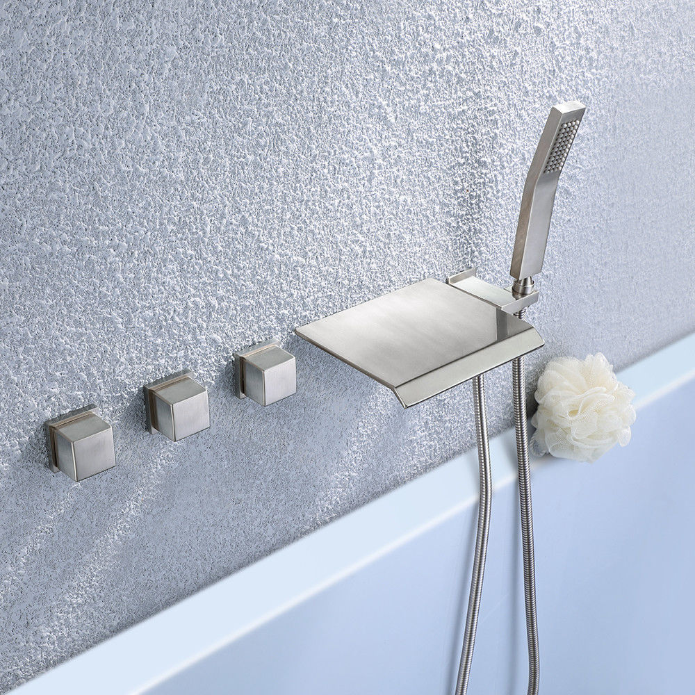 Brushed Nickel Waterfall Wall Mounted Modern Tub Filler Faucet with