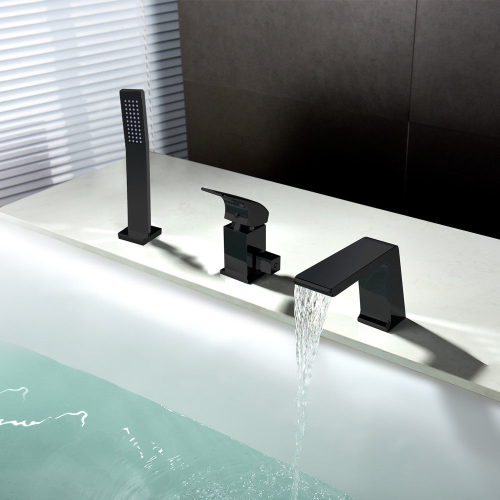 Black 3 Hole Bathtub Mixer Tap Hand Shower Deck Mounted