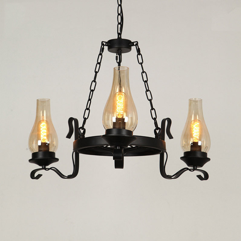 Massie Vintage Black Metal Wagon Wheel Chimney Glass Shade Chandelier Massie Vintage Black Metal Wagon Wheel Chimney Glass Shade Chandelier