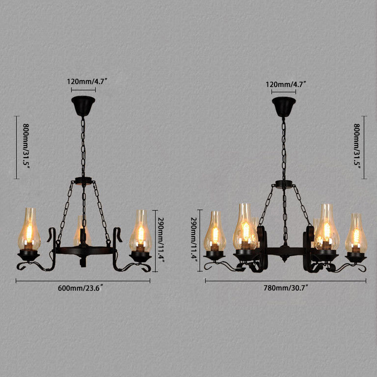 Massie Vintage Black Metal Wagon Wheel Chimney Glass Shade Chandelier Massie Vintage Black Metal Wagon Wheel Chimney Glass Shade Chandelier