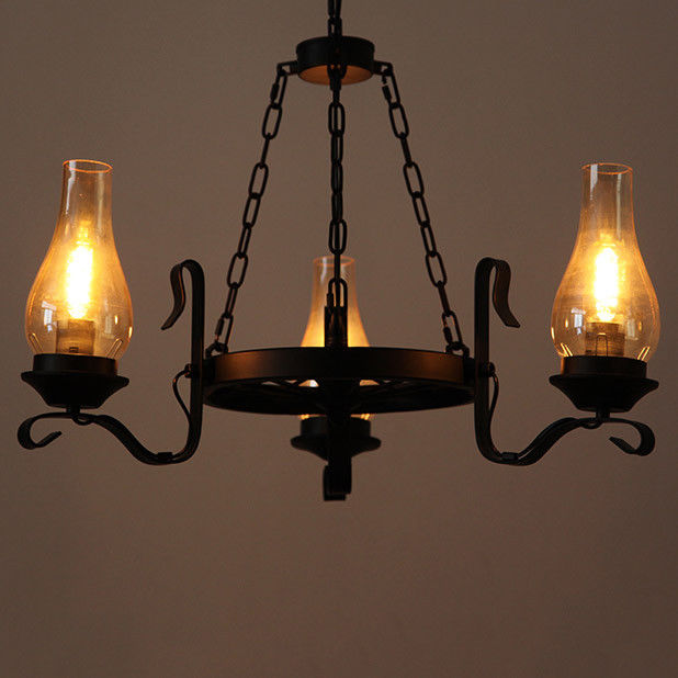 Massie Vintage Black Metal Wagon Wheel Chimney Glass Shade Chandelier Massie Vintage Black Metal Wagon Wheel Chimney Glass Shade Chandelier