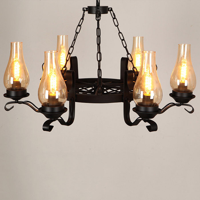 Massie Vintage Black Metal Wagon Wheel Chimney Glass Shade Chandelier Massie Vintage Black Metal Wagon Wheel Chimney Glass Shade Chandelier
