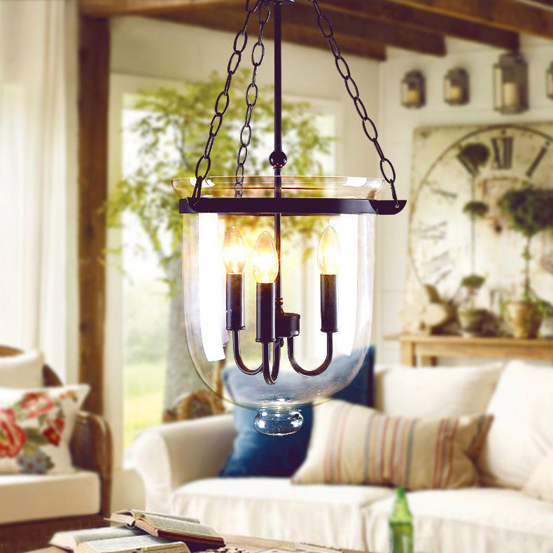 Rustic Clear Glass Black Metal Bell Jar Pendant Light ...