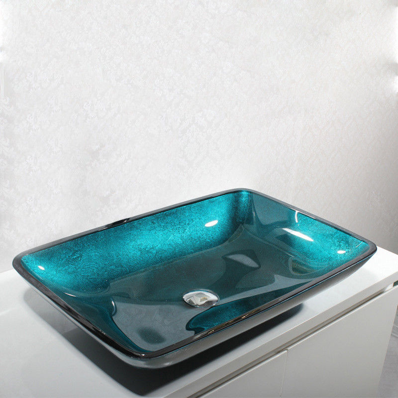 Modern Greenish Blue Rectangular Vessel Sink Glass For Bathroom