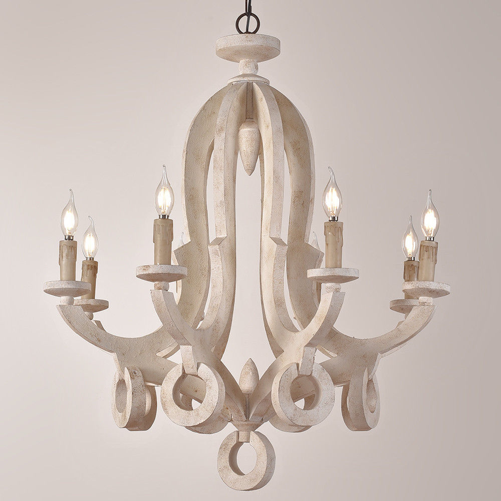 Cottage Style Distressed White Wooden Candelabra Chandelier Pendant