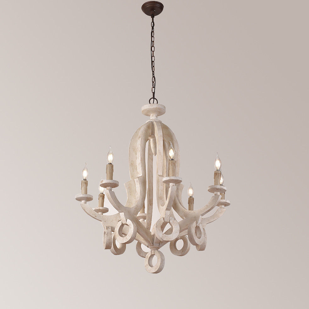 Cottage Style Distressed White Wooden Candelabra Chandelier Pendant