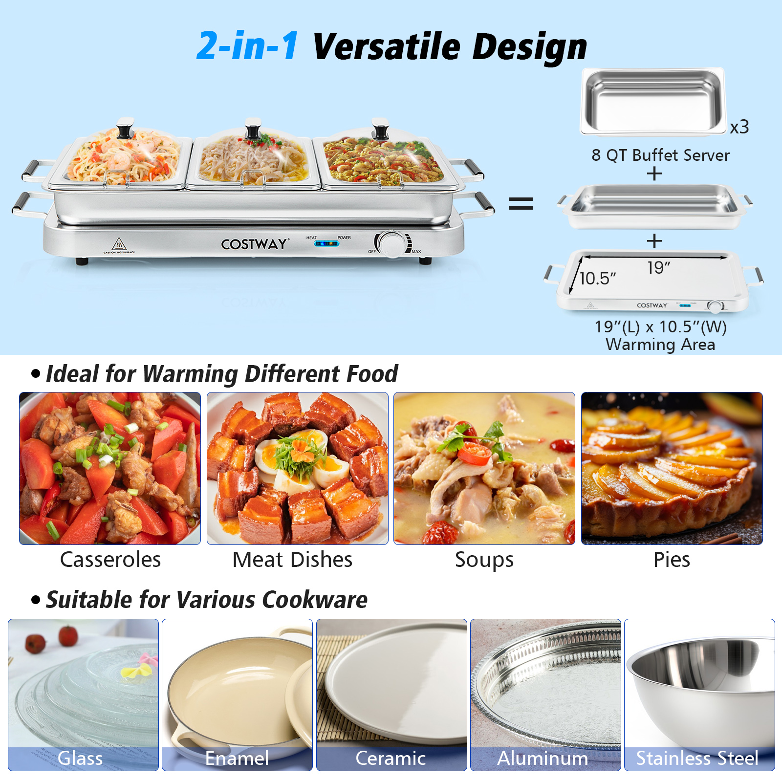 Food Warmer Buffet Server 450W Stainless Steel Electric Warming Tray for Parties - Picture 6 of 10