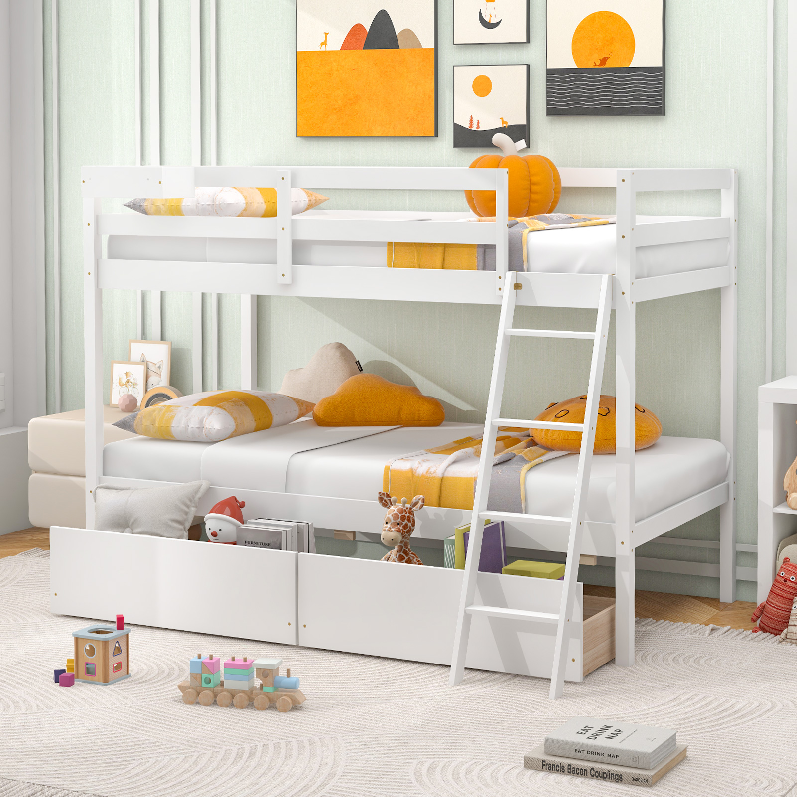 Twin Over Twin Bunk Space-Saving Bed with Ladder, Guardrails, 2 Storage Drawers - Picture 13 of 20