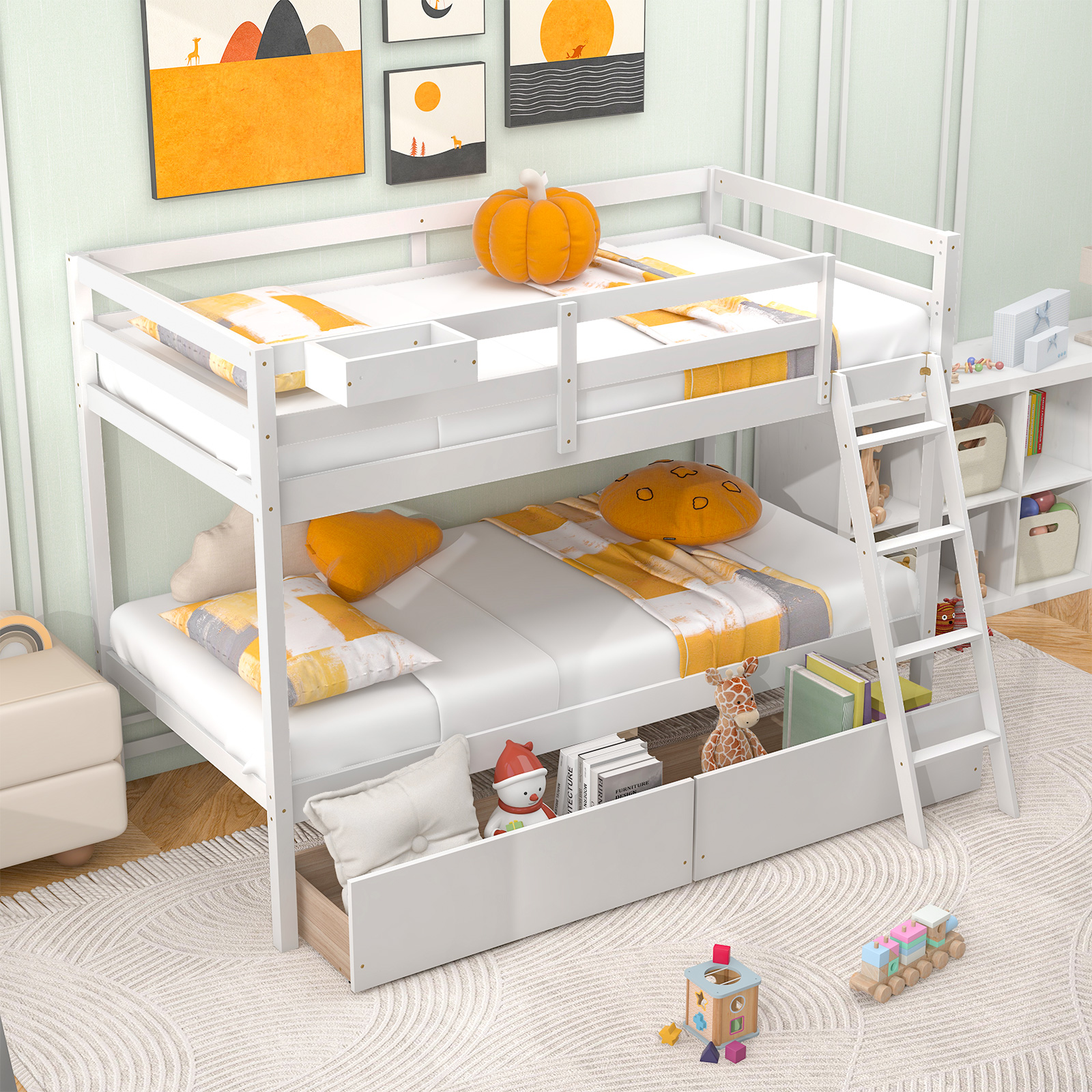 Twin Over Twin Bunk Space-Saving Bed with Ladder, Guardrails, 2 Storage Drawers - Picture 14 of 20