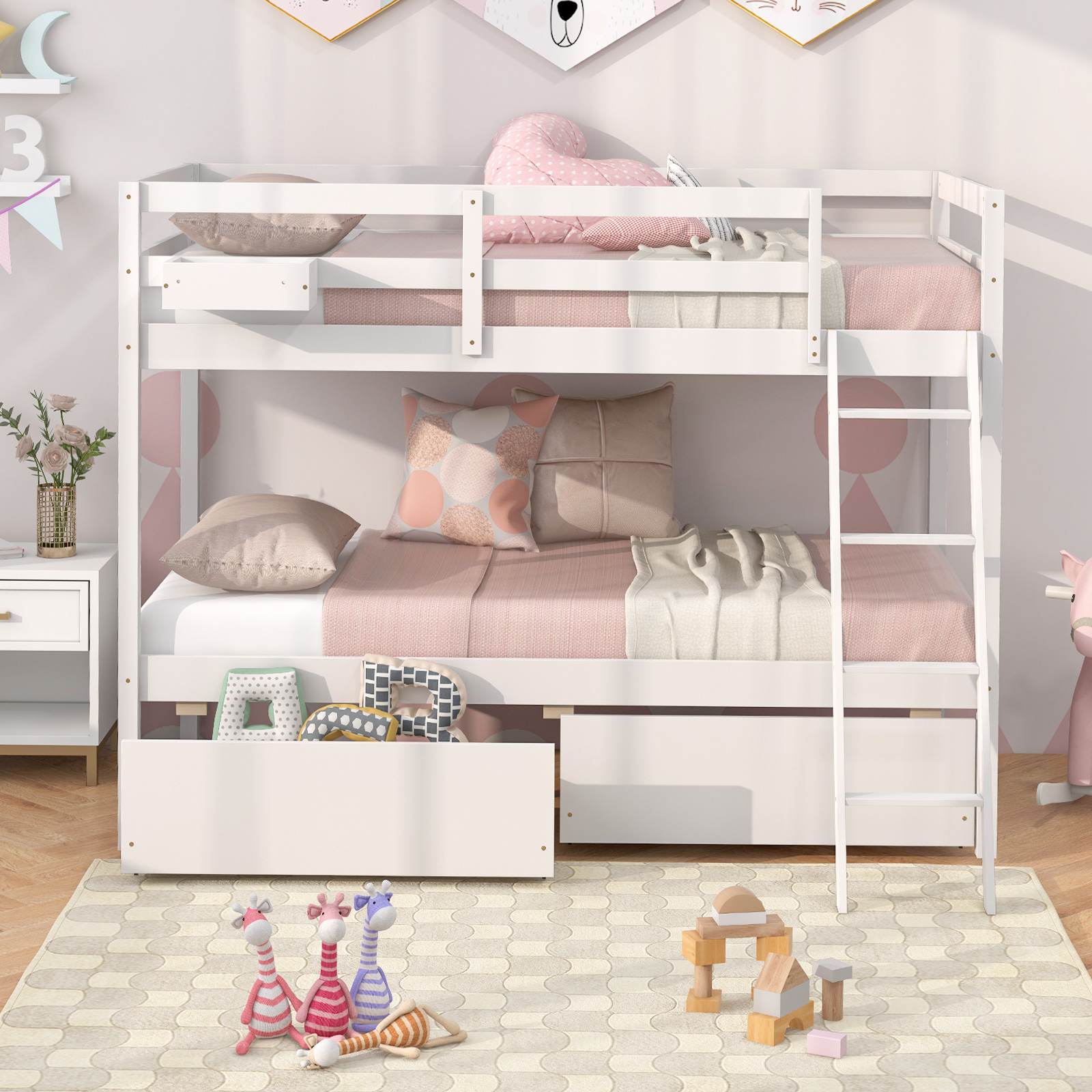 Twin Over Twin Bunk Space-Saving Bed with Ladder, Guardrails, 2 Storage Drawers - Picture 15 of 20