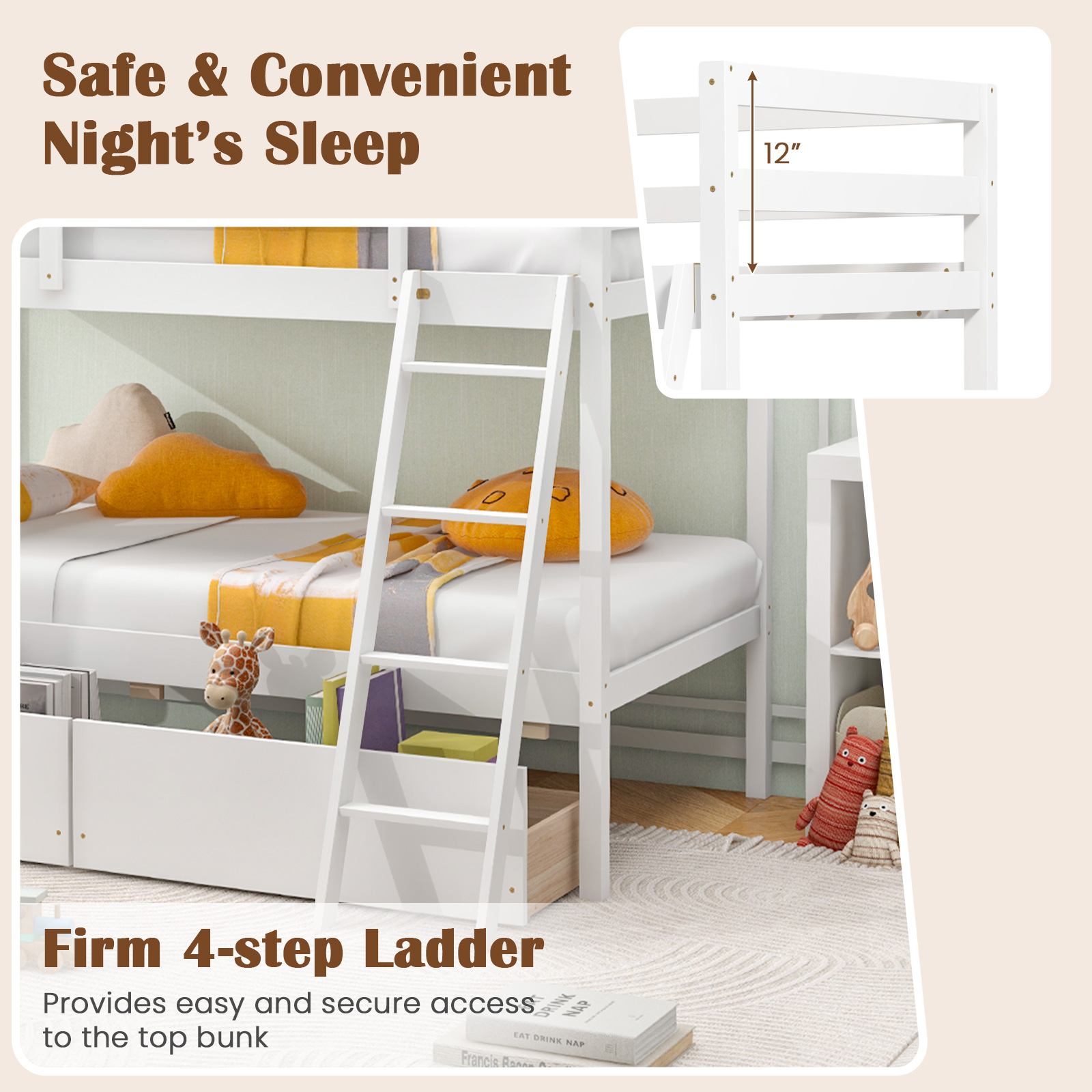Twin Over Twin Bunk Space-Saving Bed with Ladder, Guardrails, 2 Storage Drawers - Picture 16 of 20