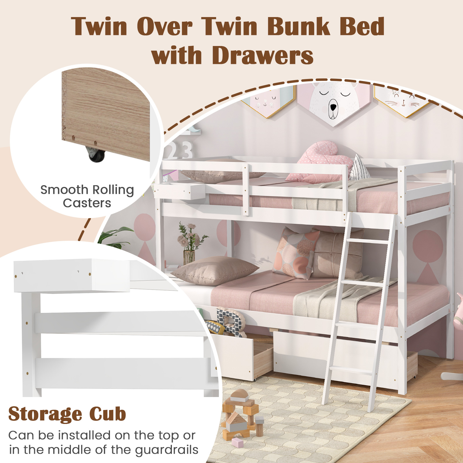 Twin Over Twin Bunk Space-Saving Bed with Ladder, Guardrails, 2 Storage Drawers - Picture 18 of 20
