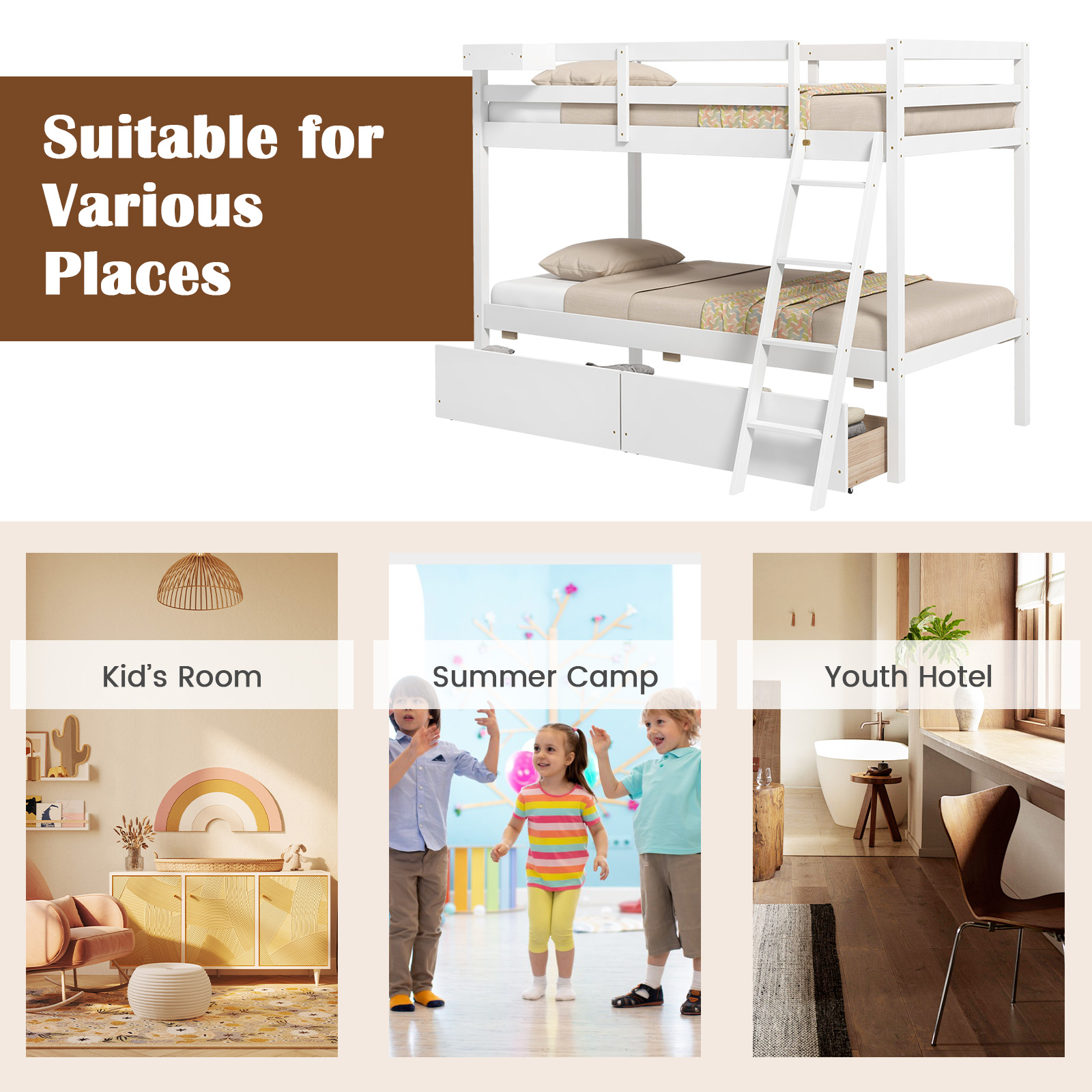 Twin Over Twin Bunk Space-Saving Bed with Ladder, Guardrails, 2 Storage Drawers - Picture 19 of 20